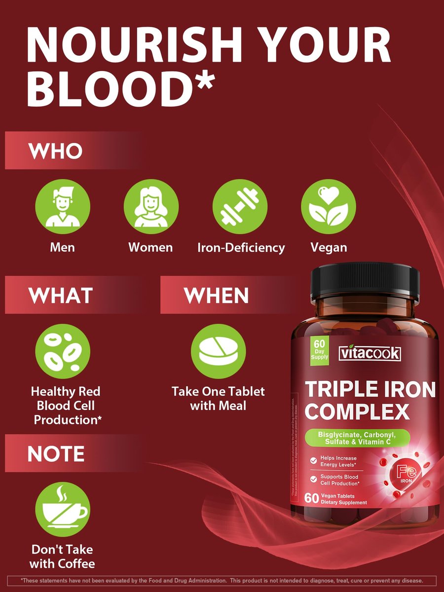 Vitacook Eisenpräparat für Frauen & Männer, 3-in-1 65 mg Eisen Tabletten, Bisglycinat, Sulfat, Carbonyleisen mit Vitamin C, verbesserte Absorption, Energie, Unterstützung roter Blutkörperchen, sanft, 60 Tabletten