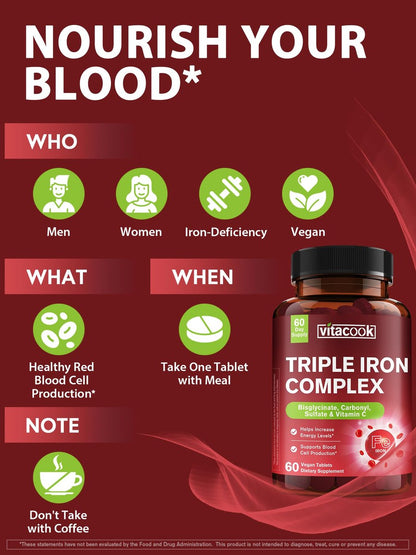 Vitacook Eisenpräparat für Frauen & Männer, 3-in-1 65 mg Eisen Tabletten, Bisglycinat, Sulfat, Carbonyleisen mit Vitamin C, verbesserte Absorption, Energie, Unterstützung roter Blutkörperchen, sanft, 60 Tabletten