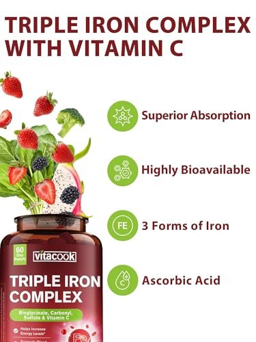 Vitacook Eisenpräparat für Frauen & Männer, 3-in-1 65 mg Eisen Tabletten, Bisglycinat, Sulfat, Carbonyleisen mit Vitamin C, verbesserte Absorption, Energie, Unterstützung roter Blutkörperchen, sanft, 60 Tabletten