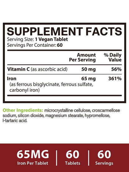 Vitacook Eisenpräparat für Frauen & Männer, 3-in-1 65 mg Eisen Tabletten, Bisglycinat, Sulfat, Carbonyleisen mit Vitamin C, verbesserte Absorption, Energie, Unterstützung roter Blutkörperchen, sanft, 60 Tabletten