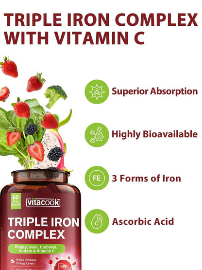 Vitacook Eisenpräparat für Frauen & Männer, 3-in-1 65 mg Eisen Tabletten, Bisglycinat, Sulfat, Carbonyleisen mit Vitamin C, verbesserte Absorption, Energie, Unterstützung roter Blutkörperchen, sanft, 60 Tabletten