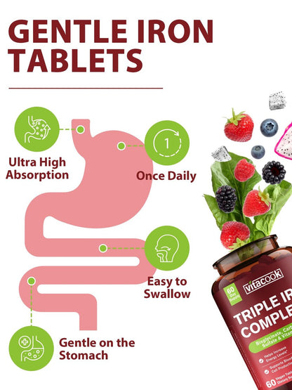 Vitacook Eisenpräparat für Frauen & Männer, 3-in-1 65 mg Eisen Tabletten, Bisglycinat, Sulfat, Carbonyleisen mit Vitamin C, verbesserte Absorption, Energie, Unterstützung roter Blutkörperchen, sanft, 60 Tabletten