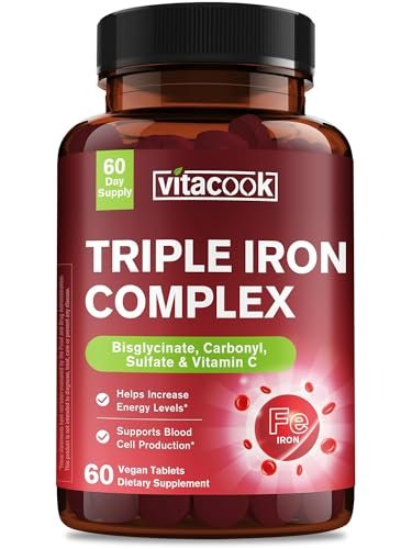 Vitacook Eisenpräparat für Frauen & Männer, 3-in-1 65 mg Eisen Tabletten, Bisglycinat, Sulfat, Carbonyleisen mit Vitamin C, verbesserte Absorption, Energie, Unterstützung roter Blutkörperchen, sanft, 60 Tabletten