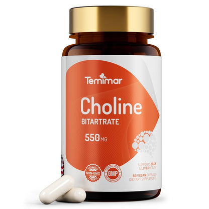 Temimar Cholinbitartrat 550 mg – Hochwertiges Cholin für Leber- und Gehirngesundheit, Nicht-GVO, Glutenfrei, Hergestellt in den USA, 60 vegane Kapseln