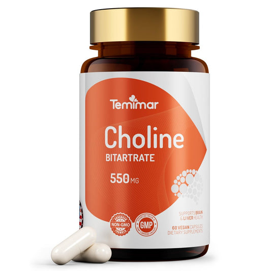Temimar Cholinbitartrat 550 mg – Hochwertiges Cholin für Leber- und Gehirngesundheit, Nicht-GVO, Glutenfrei, Hergestellt in den USA, 60 vegane Kapseln