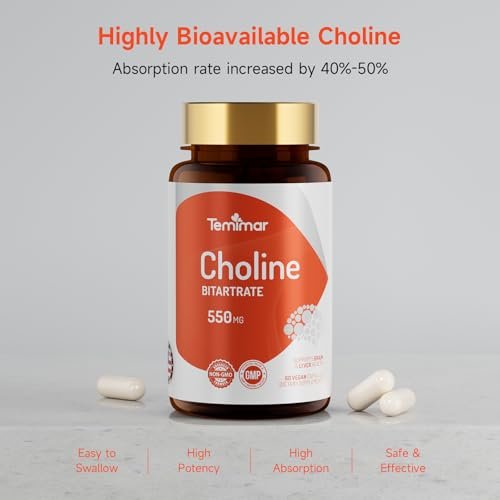 Temimar Cholinbitartrat 550 mg – Hochwertiges Cholin für Leber- und Gehirngesundheit, Nicht-GVO, Glutenfrei, Hergestellt in den USA, 60 vegane Kapseln