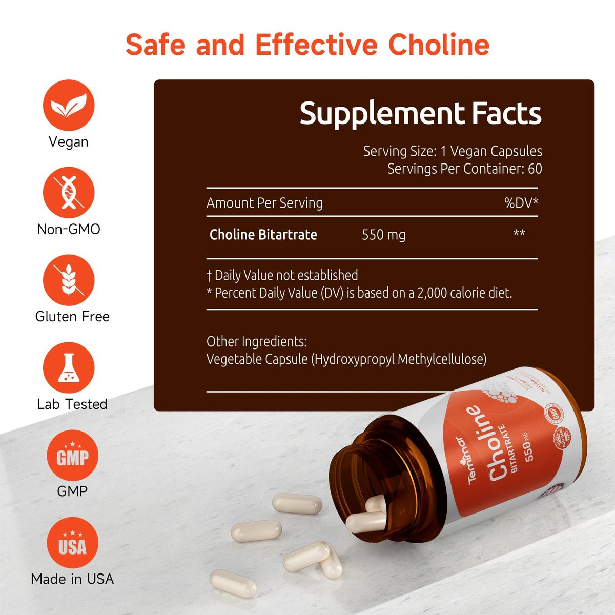 Temimar Cholinbitartrat 550 mg – Hochwertiges Cholin für Leber- und Gehirngesundheit, Nicht-GVO, Glutenfrei, Hergestellt in den USA, 60 vegane Kapseln