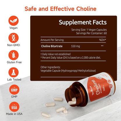 Temimar Cholinbitartrat 550 mg – Hochwertiges Cholin für Leber- und Gehirngesundheit, Nicht-GVO, Glutenfrei, Hergestellt in den USA, 60 vegane Kapseln
