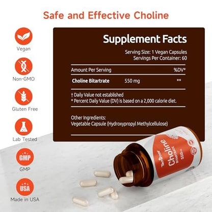 Temimar Cholinbitartrat 550 mg – Hochwertiges Cholin für Leber- und Gehirngesundheit, Nicht-GVO, Glutenfrei, Hergestellt in den USA, 60 vegane Kapseln
