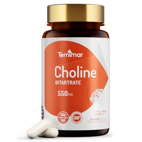 Temimar Cholinbitartrat 550 mg – Hochwertiges Cholin für Leber- und Gehirngesundheit, Nicht-GVO, Glutenfrei, Hergestellt in den USA, 60 vegane Kapseln