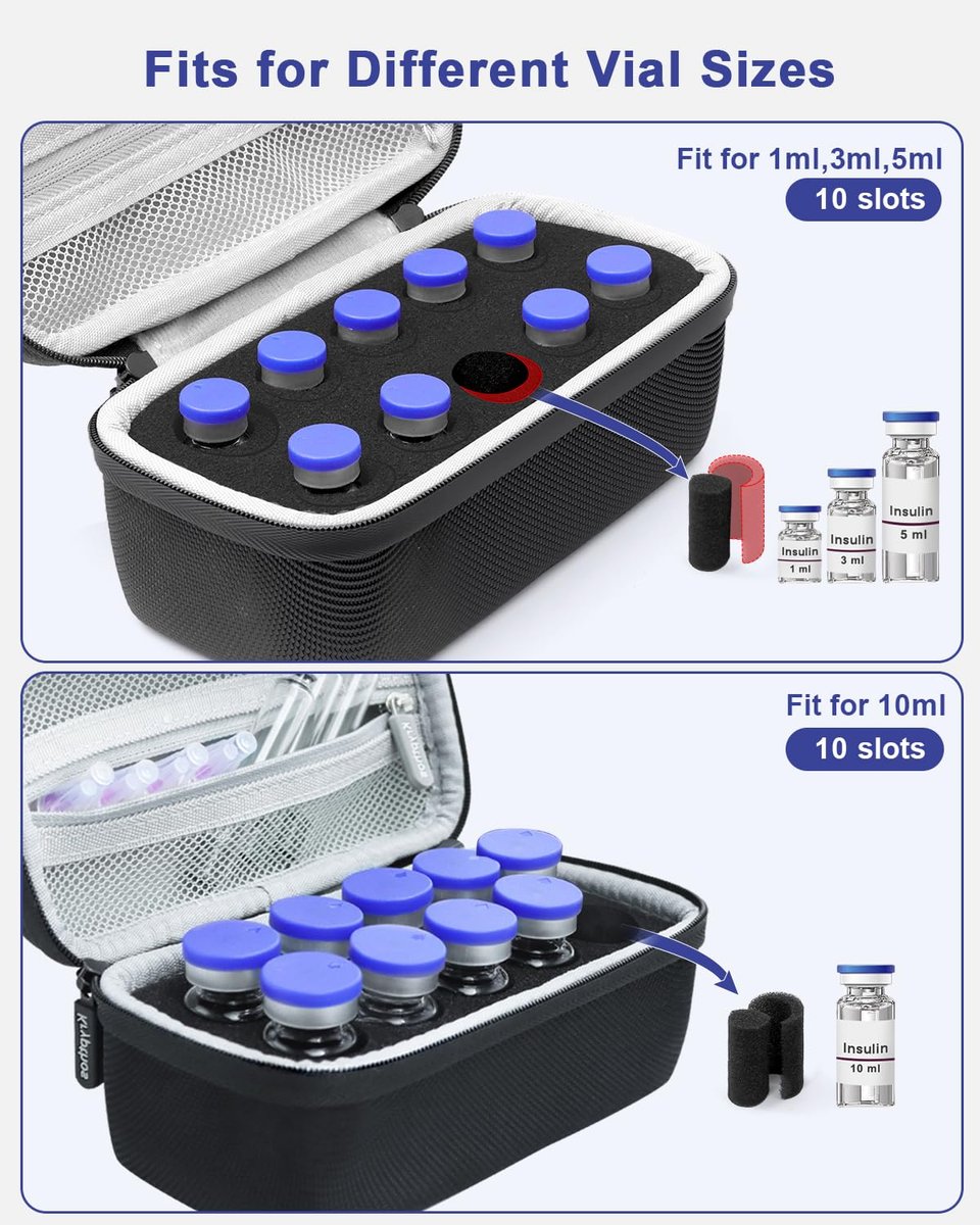 Krypthos 10 Slots Insulin Vial Protector Case – Insulin-Vial-Organizer-Tasche für Diabetiker, kompatibel mit 1ml, 3ml, 5ml und 10ml Vials, Insulin-Aufbewahrungsetui für Kühlschrank, ohne Kühlakku – Schwarz