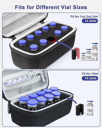Krypthos 10 Slots Insulin Vial Protector Case – Insulin-Vial-Organizer-Tasche für Diabetiker, kompatibel mit 1ml, 3ml, 5ml und 10ml Vials, Insulin-Aufbewahrungsetui für Kühlschrank, ohne Kühlakku – Schwarz