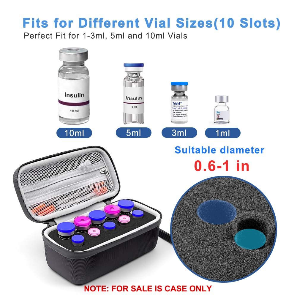 Krypthos 10 Slots Insulin Vial Protector Case – Insulin-Vial-Organizer-Tasche für Diabetiker, kompatibel mit 1ml, 3ml, 5ml und 10ml Vials, Insulin-Aufbewahrungsetui für Kühlschrank, ohne Kühlakku – Schwarz
