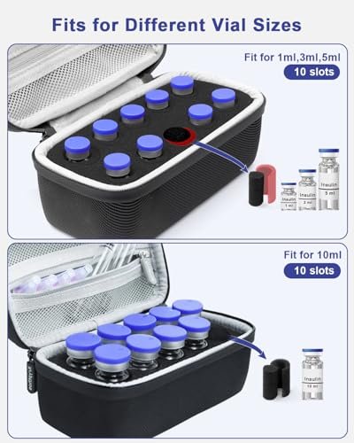 Krypthos 10 Slots Insulin Vial Protector Case – Insulin-Vial-Organizer-Tasche für Diabetiker, kompatibel mit 1ml, 3ml, 5ml und 10ml Vials, Insulin-Aufbewahrungsetui für Kühlschrank, ohne Kühlakku – Schwarz