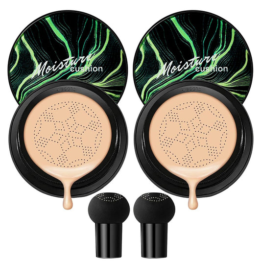 2er-Set Mushroom Head Air Cushion CC Cream, langanhaltende öl-kontrollierende BB Cream für alle Hauttypen, feuchtigkeitsspendende Foundation-Make-up-Set mit Foundation-Pinsel (#Natur)
