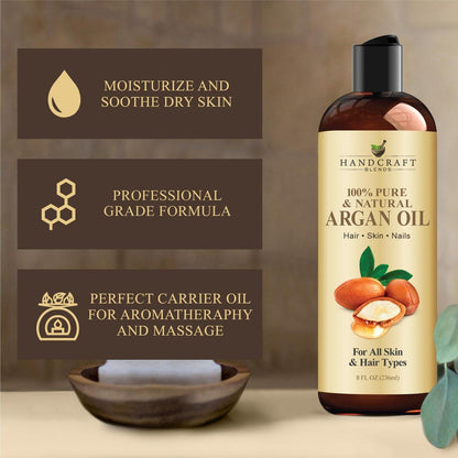 Handcraft Blends Marokkanisches Arganöl – 8 Fl Oz – 100 % rein und natürlich – Premium-Trägeröl für Haut und Haare – Haar und Körper – Massage – kaltgepresst