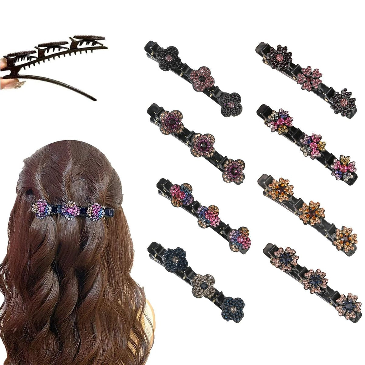 KERYALELA Braided Haarspangen mit funkelnden Kristallsteinen – Dekorative Strass-Haarklammern für Frauen, Entenklammern (8 Stück)
