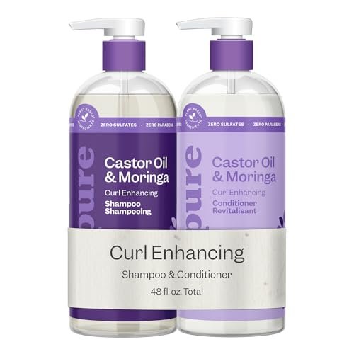Renpure Rizinusöl & Moringa Shampoo und Conditioner Set, pflanzlich*, lockenverstärkend, Feuchtigkeit, kämmbar & frizzfrei – für welliges bis lockiges Haar – 24 Fl Oz pro Flasche, 2er-Pack