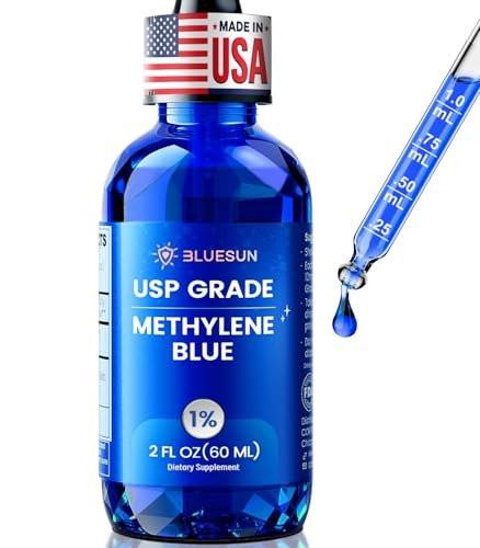 Bluesun Methylenblau-Tropfen 1% Pharmazeutische Qualität – Hergestellt in den USA, formaldehydfrei, drittanbietergetestet, USP-Reinheit 99,99%, GMO-frei, alkoholfrei – 60 ml (2 FL OZ) in Amberglas, 10 mg/ml