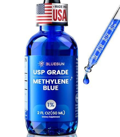 Bluesun Methylenblau-Tropfen 1% Pharmazeutische Qualität – Hergestellt in den USA, formaldehydfrei, drittanbietergetestet, USP-Reinheit 99,99%, GMO-frei, alkoholfrei – 60 ml (2 FL OZ) in Amberglas, 10 mg/ml