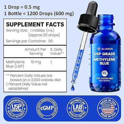 Bluesun Methylenblau-Tropfen 1% Pharmazeutische Qualität – Hergestellt in den USA, formaldehydfrei, drittanbietergetestet, USP-Reinheit 99,99%, GMO-frei, alkoholfrei – 60 ml (2 FL OZ) in Amberglas, 10 mg/ml