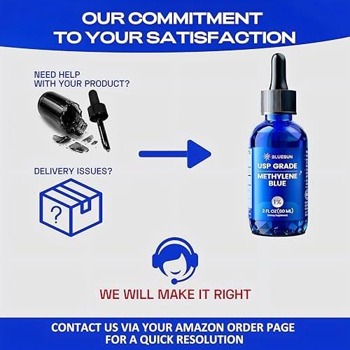 Bluesun Methylenblau-Tropfen 1% Pharmazeutische Qualität – Hergestellt in den USA, formaldehydfrei, drittanbietergetestet, USP-Reinheit 99,99%, GMO-frei, alkoholfrei – 60 ml (2 FL OZ) in Amberglas, 10 mg/ml