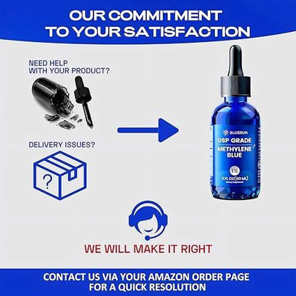 Bluesun Methylenblau-Tropfen 1% Pharmazeutische Qualität – Hergestellt in den USA, formaldehydfrei, drittanbietergetestet, USP-Reinheit 99,99%, GMO-frei, alkoholfrei – 60 ml (2 FL OZ) in Amberglas, 10 mg/ml