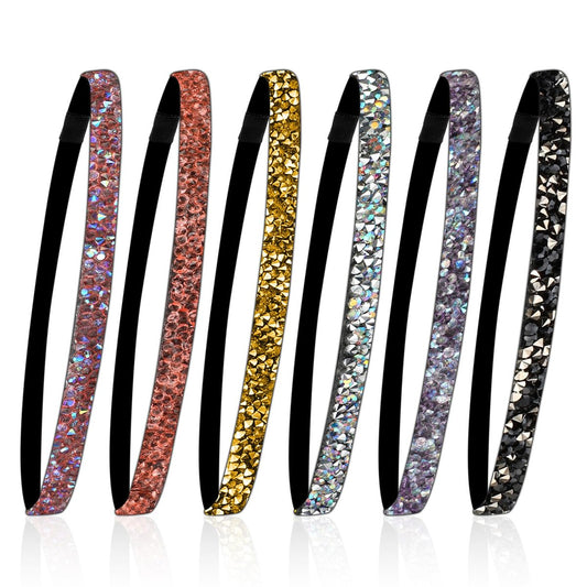 6er-Pack Glitzer-Stirnbänder mit Strass, rutschfeste elastische Haarbänder für Damen, bunte verstellbare Sport-Stirnbänder für Yoga und Fitness