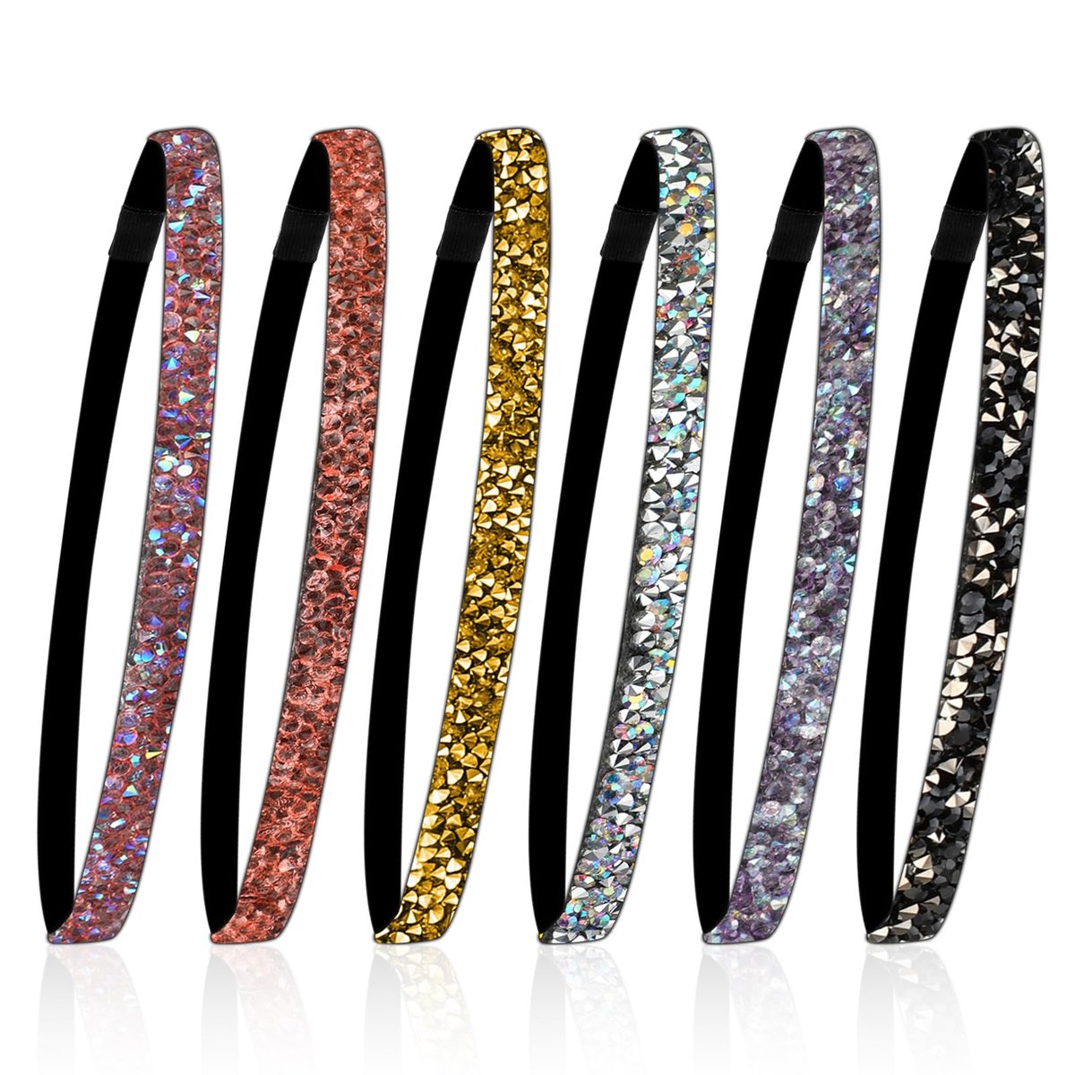 6er-Pack Glitzer-Stirnbänder mit Strass, rutschfeste elastische Haarbänder für Damen, bunte verstellbare Sport-Stirnbänder für Yoga und Fitness