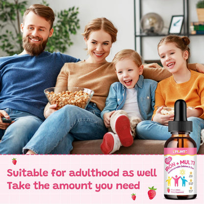Flüssiges Eisenpräparat für Kinder, Frauen & Männer – mit Calcium, Zink, Multivitamin-Tropfen – Immununterstützung, Blutbildner & Energieunterstützung bei Eisenmangel, Anämie, vegan 2 Fl Oz