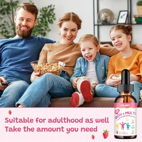 Flüssiges Eisenpräparat für Kinder, Frauen & Männer – mit Calcium, Zink, Multivitamin-Tropfen – Immununterstützung, Blutbildner & Energieunterstützung bei Eisenmangel, Anämie, vegan 2 Fl Oz
