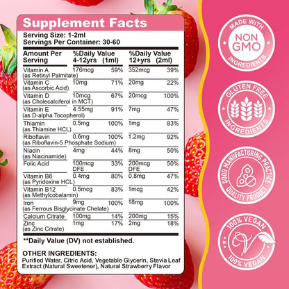Flüssiges Eisenpräparat für Kinder, Frauen & Männer – mit Calcium, Zink, Multivitamin-Tropfen – Immununterstützung, Blutbildner & Energieunterstützung bei Eisenmangel, Anämie, vegan 2 Fl Oz