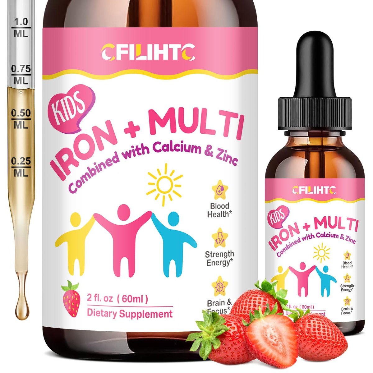 Flüssiges Eisenpräparat für Kinder, Frauen & Männer – mit Calcium, Zink, Multivitamin-Tropfen – Immununterstützung, Blutbildner & Energieunterstützung bei Eisenmangel, Anämie, vegan 2 Fl Oz