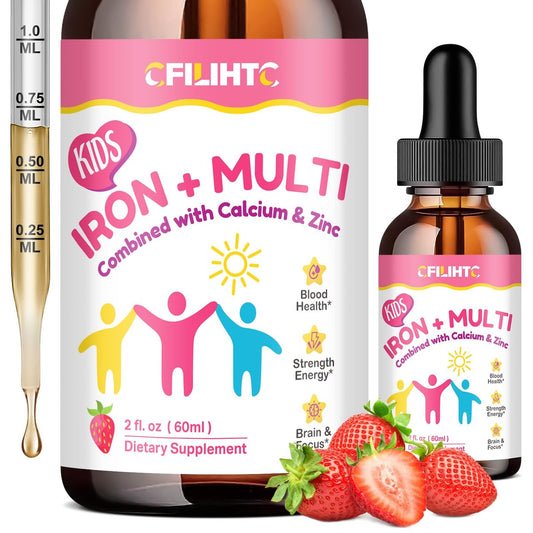 Flüssiges Eisenpräparat für Kinder, Frauen & Männer – mit Calcium, Zink, Multivitamin-Tropfen – Immununterstützung, Blutbildner & Energieunterstützung bei Eisenmangel, Anämie, vegan 2 Fl Oz