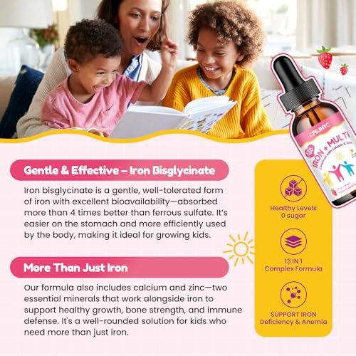 Flüssiges Eisenpräparat für Kinder, Frauen & Männer – mit Calcium, Zink, Multivitamin-Tropfen – Immununterstützung, Blutbildner & Energieunterstützung bei Eisenmangel, Anämie, vegan 2 Fl Oz