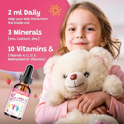 Flüssiges Eisenpräparat für Kinder, Frauen & Männer – mit Calcium, Zink, Multivitamin-Tropfen – Immununterstützung, Blutbildner & Energieunterstützung bei Eisenmangel, Anämie, vegan 2 Fl Oz