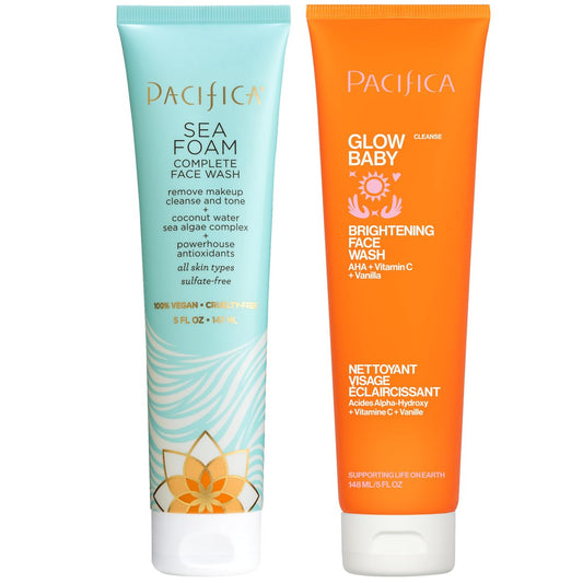 Pacifica Gesichtswäsche Duo – Glow Baby Vitamin C Reinigungsschaum + Sea Foam Sanfter Reiniger, Tägliches Peeling-Gesichtswaschset für alle Hauttypen, Sulfatfrei, Vegan
