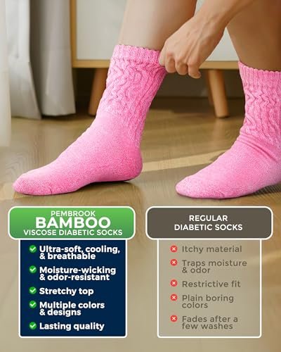 Pembrock Diabetikersocken für Damen Größe 9-11, diabetische Socken für Damen & Herren, nicht einschnürende Socken für geschwollene Füße, Socken für Diabetikerinnen, weiche Bambusviskose, mehrfarbig Pink/6 Paar