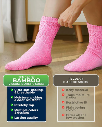 Pembrock Diabetikersocken für Damen Größe 9-11, diabetische Socken für Damen & Herren, nicht einschnürende Socken für geschwollene Füße, Socken für Diabetikerinnen, weiche Bambusviskose, mehrfarbig Pink/6 Paar