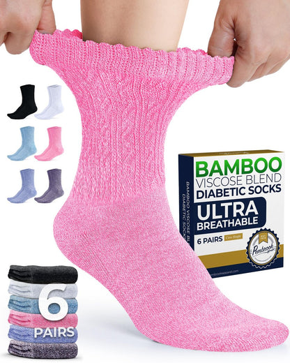 Pembrock Diabetikersocken für Damen Größe 9-11, diabetische Socken für Damen & Herren, nicht einschnürende Socken für geschwollene Füße, Socken für Diabetikerinnen, weiche Bambusviskose, mehrfarbig Pink/6 Paar