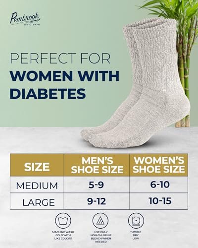 Pembrook Diabetikersocken Damen Größe 9-11, Diabetiker-Crew-Socken für Damen und Herren, nicht einschnürende Socken für geschwollene Füße, atmungsaktive Socken aus Bambusviskose, Alltagskomfort Socken, Erdtöne 6 Paar
