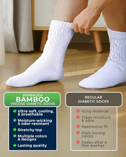 Pembrook Diabetikersocken Damen Größe 9-11, Nicht einschnürende Socken für geschwollene Füße, Diabetiker-Crew-Socken für Damen & Herren, Bambusviskose-Komfortsocken, Weiß 6 Paar