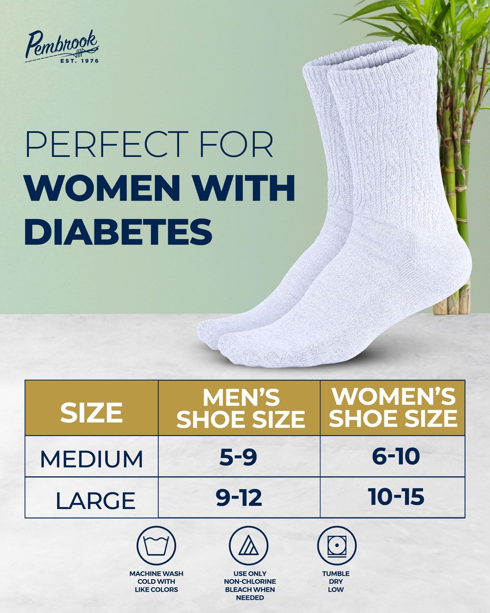 Pembrook Diabetikersocken Damen Größe 9-11, Nicht einschnürende Socken für geschwollene Füße, Diabetiker-Crew-Socken für Damen & Herren, Bambusviskose-Komfortsocken, Weiß 6 Paar