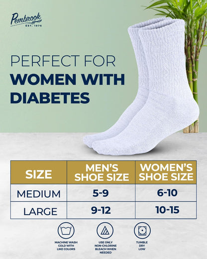 Pembrook Diabetikersocken Damen Größe 9-11, Nicht einschnürende Socken für geschwollene Füße, Diabetiker-Crew-Socken für Damen & Herren, Bambusviskose-Komfortsocken, Weiß 6 Paar