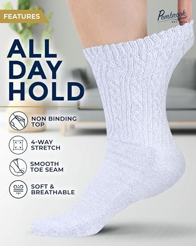 Pembrook Diabetikersocken Damen Größe 9-11, Nicht einschnürende Socken für geschwollene Füße, Diabetiker-Crew-Socken für Damen & Herren, Bambusviskose-Komfortsocken, Weiß 6 Paar