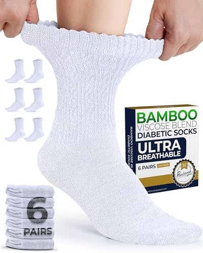 Pembrook Diabetikersocken Damen Größe 9-11, Nicht einschnürende Socken für geschwollene Füße, Diabetiker-Crew-Socken für Damen & Herren, Bambusviskose-Komfortsocken, Weiß 6 Paar