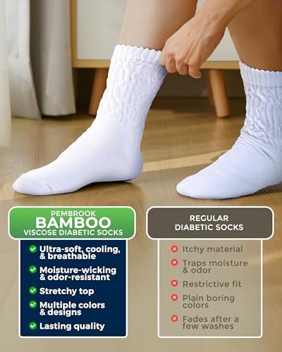 Pembrook Diabetikersocken Damen Größe 9-11, Nicht einschnürende Socken für geschwollene Füße, Diabetiker-Crew-Socken für Damen & Herren, Bambusviskose-Komfortsocken, Weiß 6 Paar