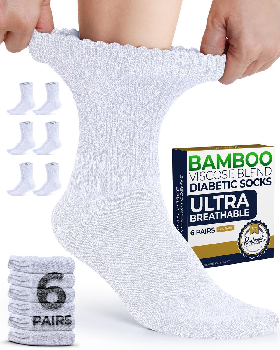 Pembrook Diabetikersocken Damen Größe 9-11, Nicht einschnürende Socken für geschwollene Füße, Diabetiker-Crew-Socken für Damen & Herren, Bambusviskose-Komfortsocken, Weiß 6 Paar