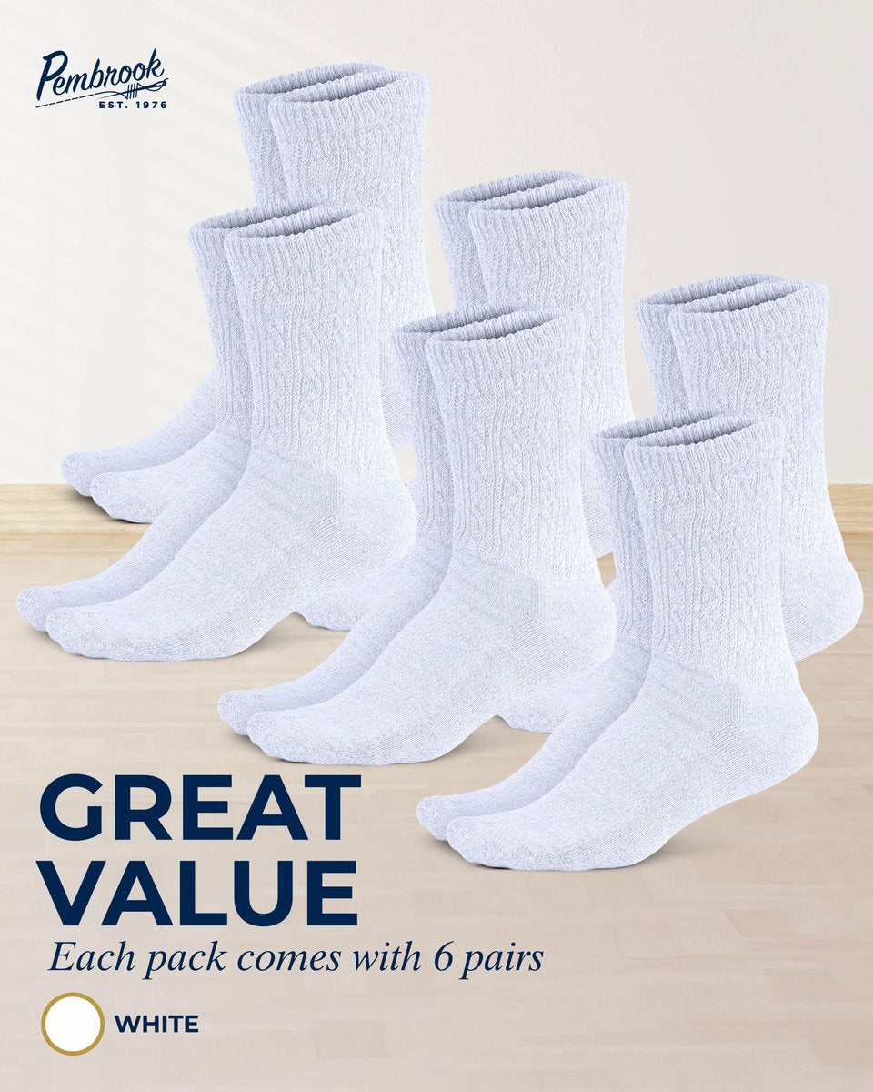 Pembrook Diabetikersocken Damen Größe 9-11, Nicht einschnürende Socken für geschwollene Füße, Diabetiker-Crew-Socken für Damen & Herren, Bambusviskose-Komfortsocken, Weiß 6 Paar