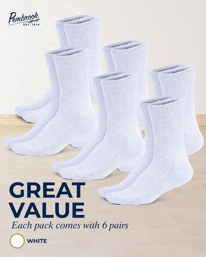 Pembrook Diabetikersocken Damen Größe 9-11, Nicht einschnürende Socken für geschwollene Füße, Diabetiker-Crew-Socken für Damen & Herren, Bambusviskose-Komfortsocken, Weiß 6 Paar